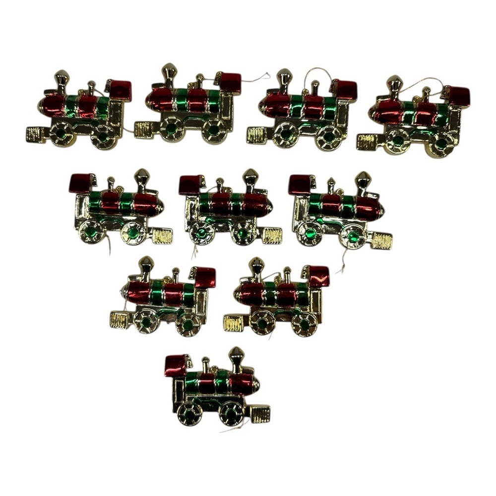 Vintage Christmas Unbreakable Flat Metallic Plastic Train Ornaments Set Of 10